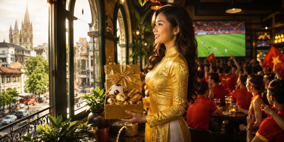 Người dùng Hà Nội xem voucher cá cược trên điện thoại với trang phục áo dài truyền thống